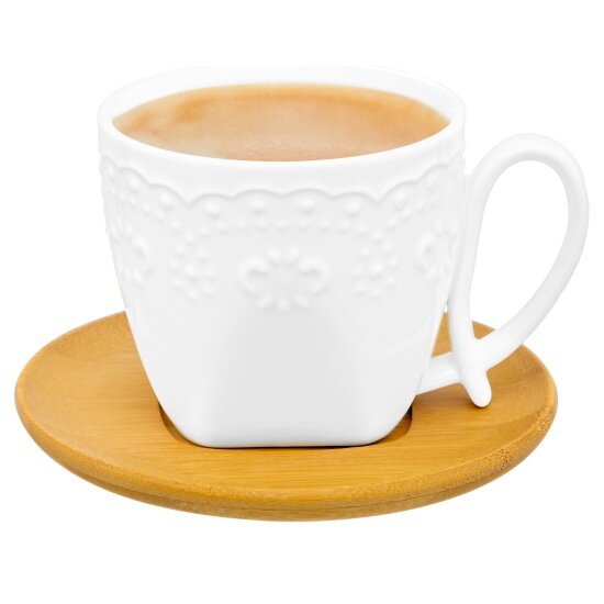 Чашка Elan Gallery для капучино и кофе латте "Белый узор" 200 мл с деревянной подставкой (540533)