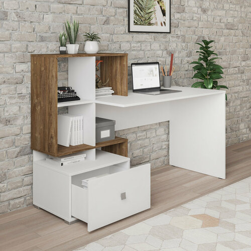 Письменный стол с полками и ящиком ALEROBOSS Smart 11. Цвет: белый, дуб Стирлинг