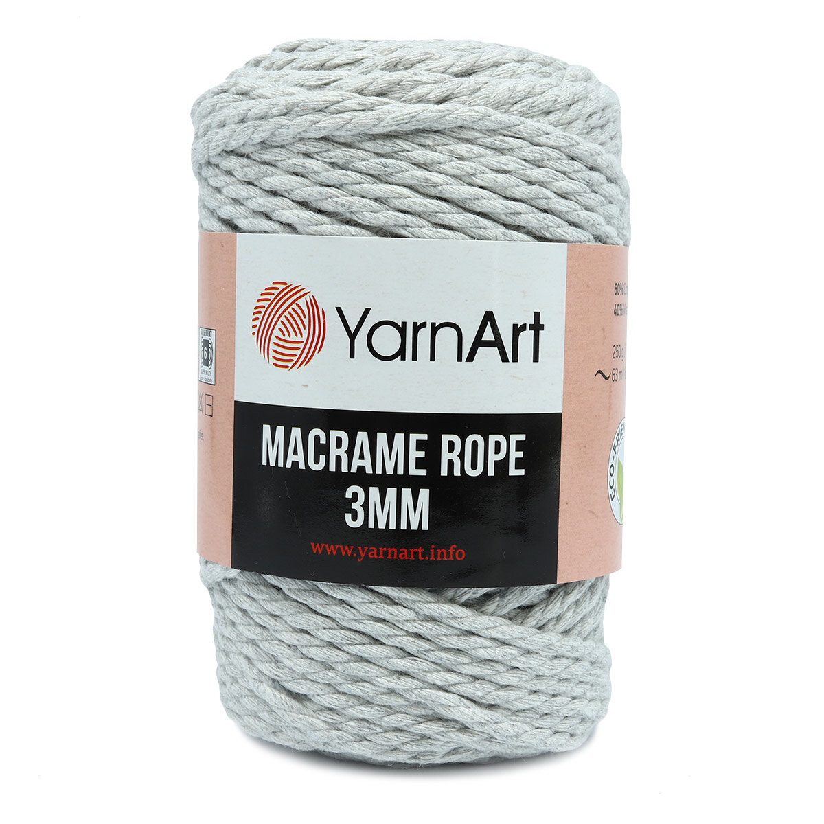 Пряжа для вязания YarnArt 'Macrame Rope 3мм', 250г, 63м (60% хлопок, 40% вискоза и полиэстер) (756 светло-серый), 4 мотка