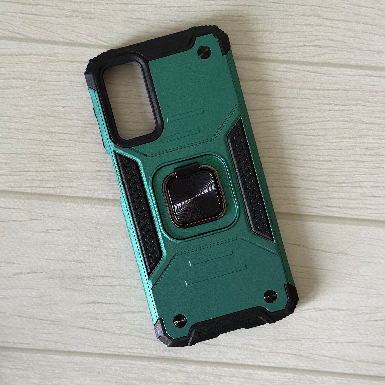 Противоударный чехол для Samsung Galaxy M23 зеленый с пластиной для магнитного автодержателя и кольцом подставкой — фото 1