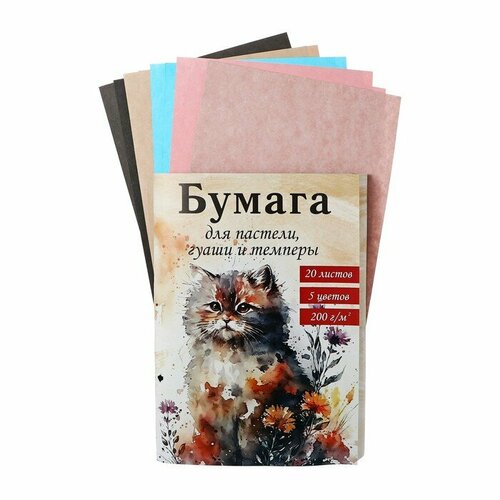 Бумага для акварели, пастели, гуаши, темперы А4, 20 листов, блок 200 г/м2, 5 цветов, в папке