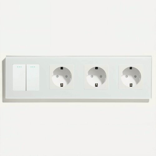 Изображение товара Выключатель с розеткой, 2 клавиши 3 розетки, 4 поста (M2+3F) рамка стекло 299х86мм цвет белый