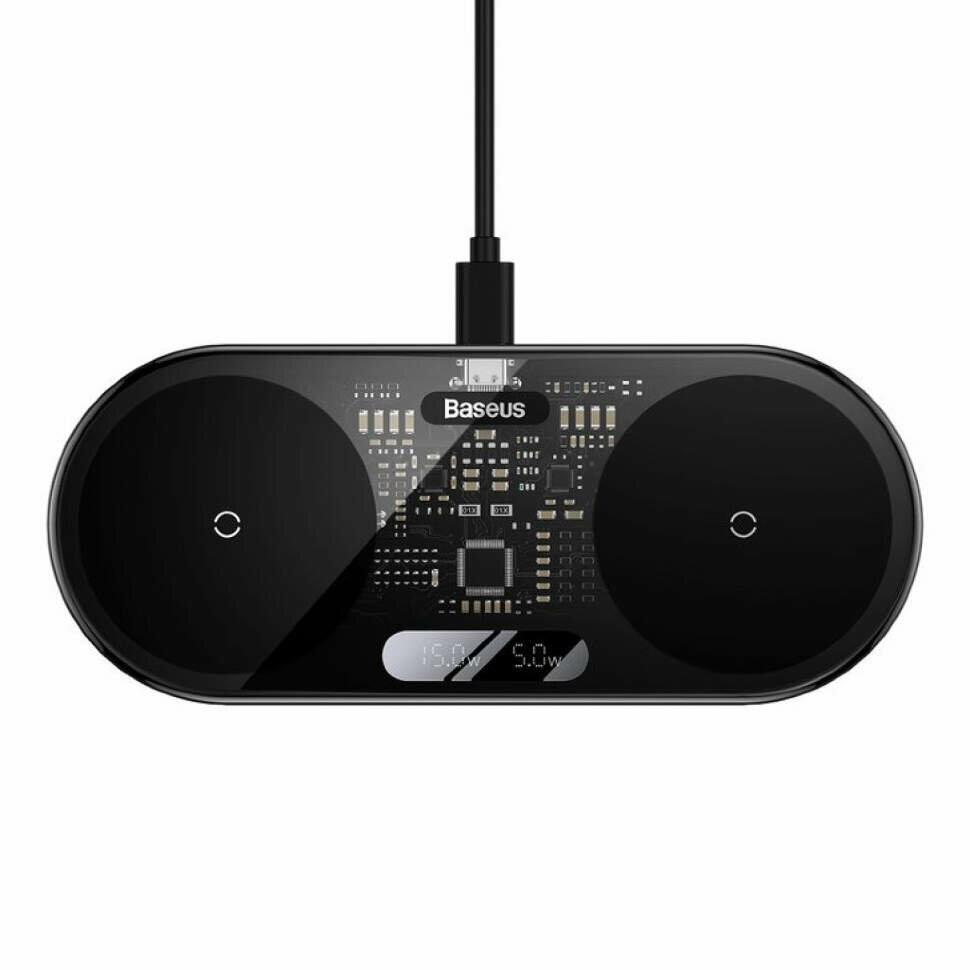 Беспроводное зарядное устройство Baseus LED Display 2in1 для Phone/Pods WXSX010101 черное — фото 1