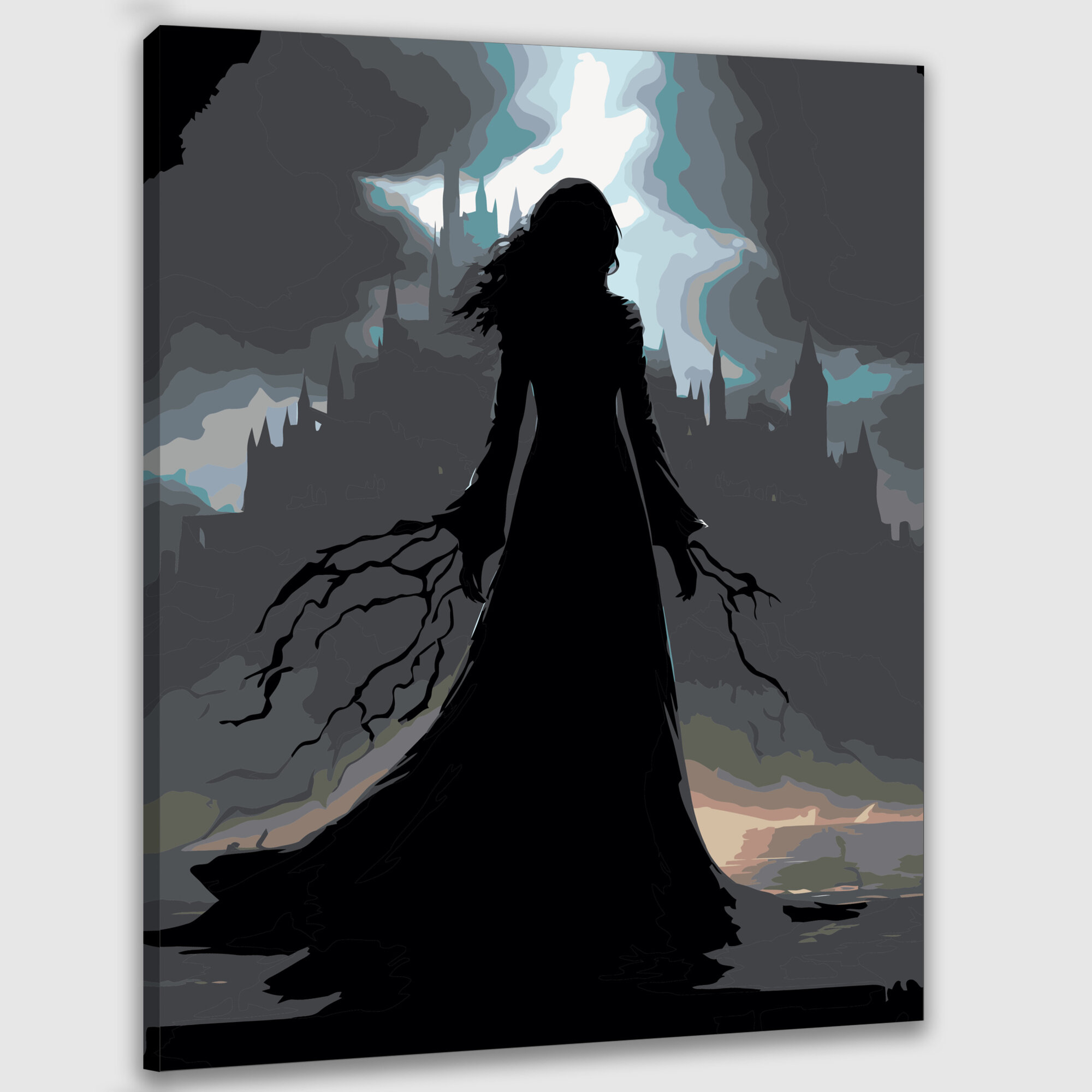 Картина по номерам 40x50 см, ведьма, замок, черный плащ, магия, заклинание, тайны, истории, фиолетовые тона, синие тона