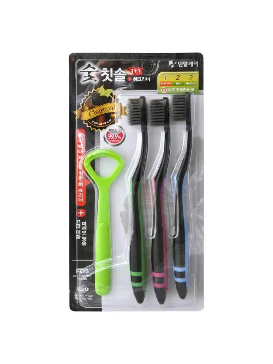 Набор зубных щеток с древ. углем + скребок