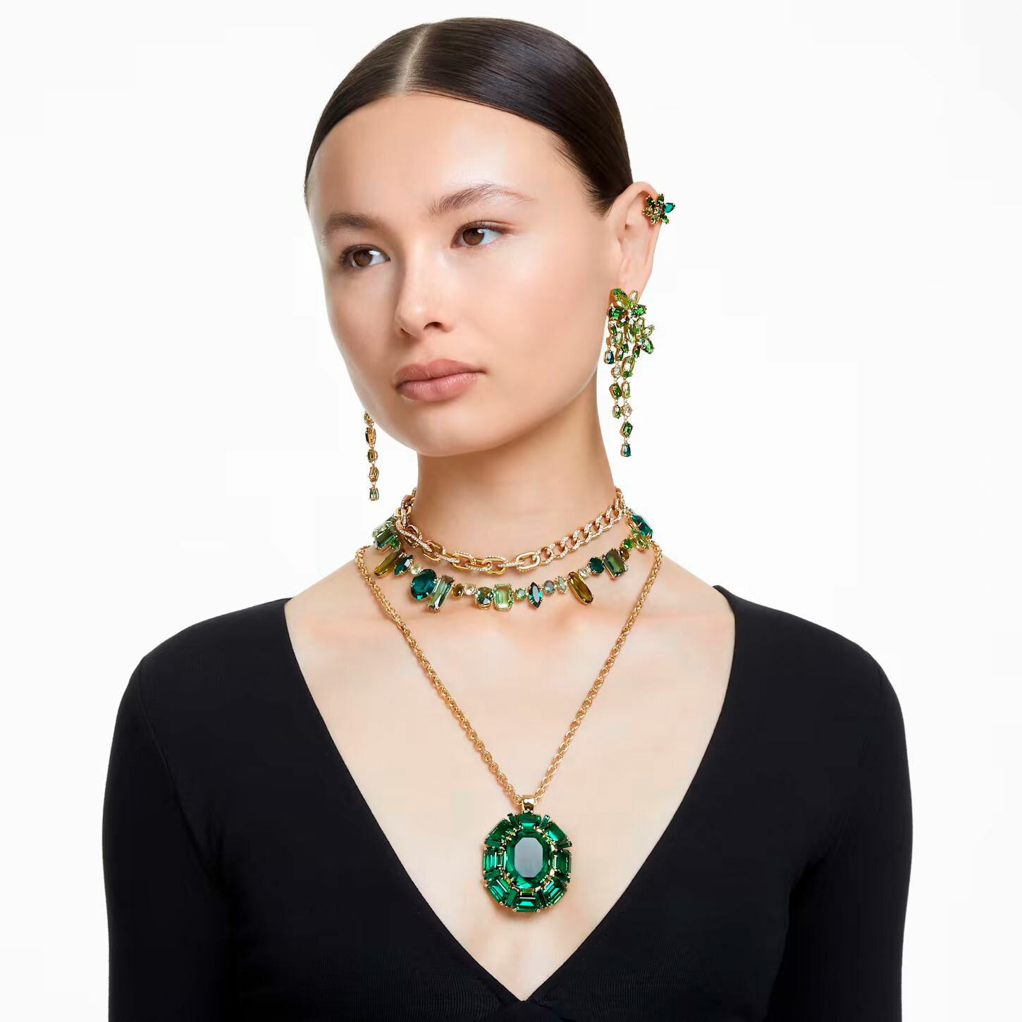 Колье SWAROVSKI, кристаллы Swarovski, длина 40 см, бирюзовый, зеленый, золотой — фото 1