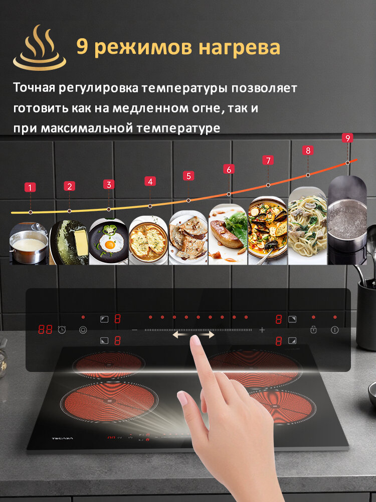 Электрическая варочная панель Tecasa TCH59SDB со слайдерным управлением, Мощность 6400 Вт, Таймер, Двойная зона нагрева, 4 конфорки, 9 уровней мощностей — фото 1