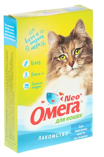Витамины Омега Neo + для выведения шерсти из желудка кошек , 90 таб.