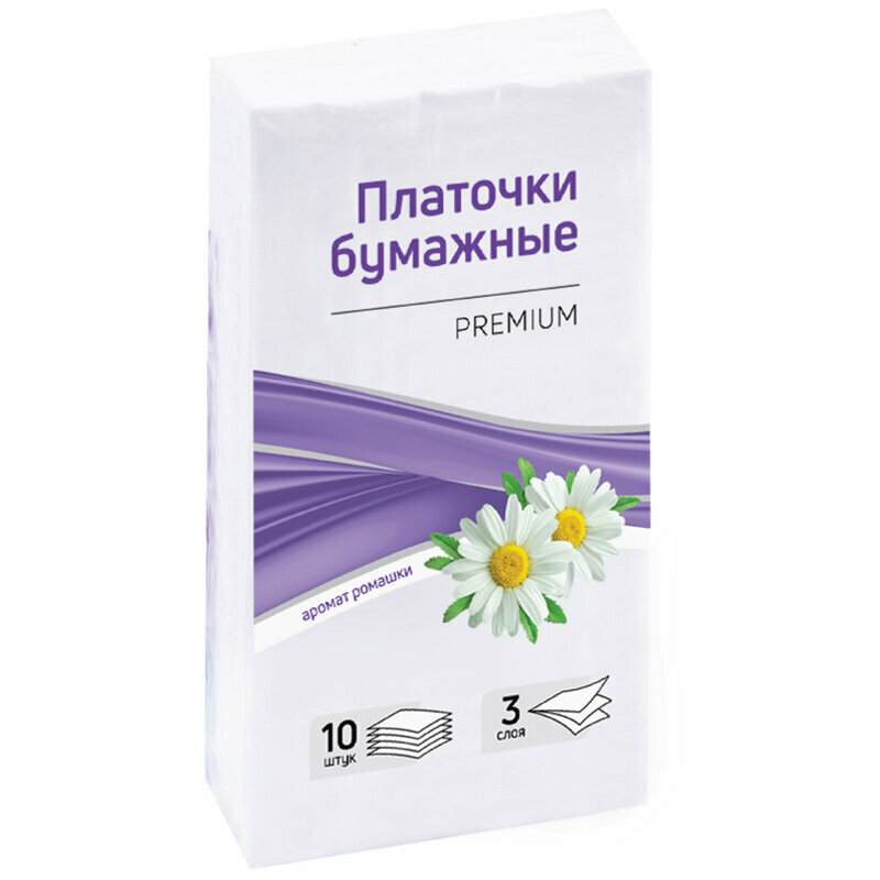 Картинки Платки бумажные носовые OfficeClean, 3-слойные, 19*20см, белые, 10 пачек по 10шт, ромашка, 3 штуки