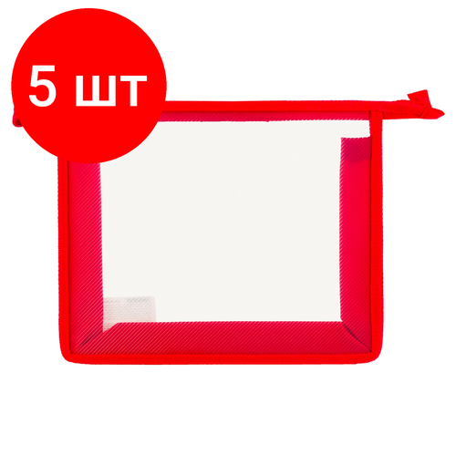 Комплект 5 шт, Папка для тетрадей А5 пифагор, пластик, молния сверху, прозрачная, красная, 228220