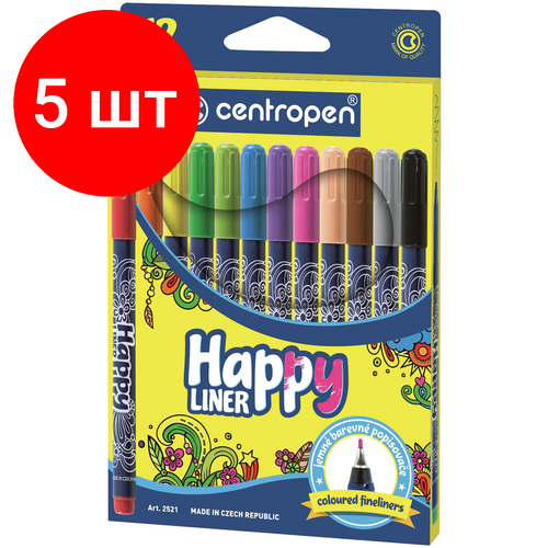 Комплект 5 шт, Ручки капиллярные (линеры) 12 цветов CENTROPEN Happy Liner, линия письма 0.3 мм, 2521/12, 2 2521 1202