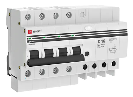 Дифференциальный автомат EKF АД-4 4П 30 мА C 4.5 кА AC электронный 16 А 30 мА