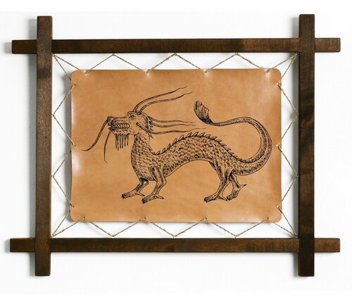 Картина Дракон, гравировка на натуральной коже, интерьерная для украшения и декора на стену в деревянной раме, подарок, BoomGift
