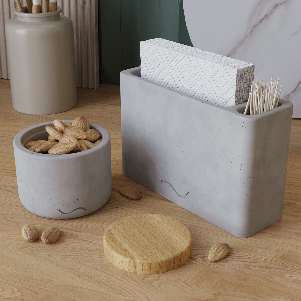 Набор для кухни Musko 22 (салфетница Lina, емкость для сыпучих продуктов Astrid XS с деревянной крышкой), бетон, серый матовый