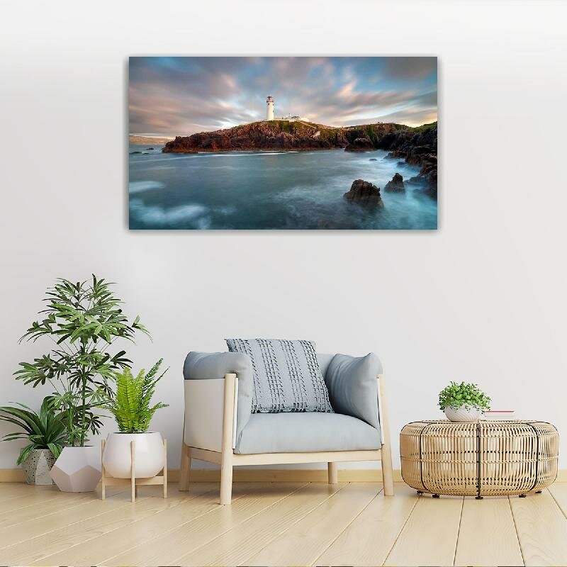 Картина на холсте 60x110 LinxOne "Море маяк берег облака" интерьерная для дома / на стену / на кухню / с подрамником