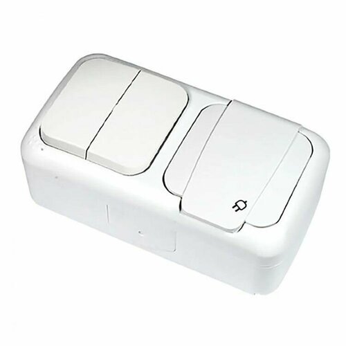 Блок: выключатель 2 клавишный + розетка с крышкой Viko Palmiye белый, открытая установка, арт. 90555482 розетка телевизионная panasonic palmiye 90555559 ru открытая крышка ip54 серый упаковка 1 штука