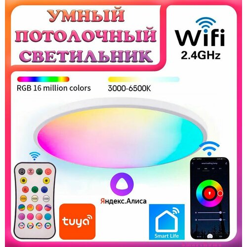 Умный потолочный светильник RGB c WIFI и пультом ДУ регулировка яркости 24Вт 2700-6500К 220В 3452₽