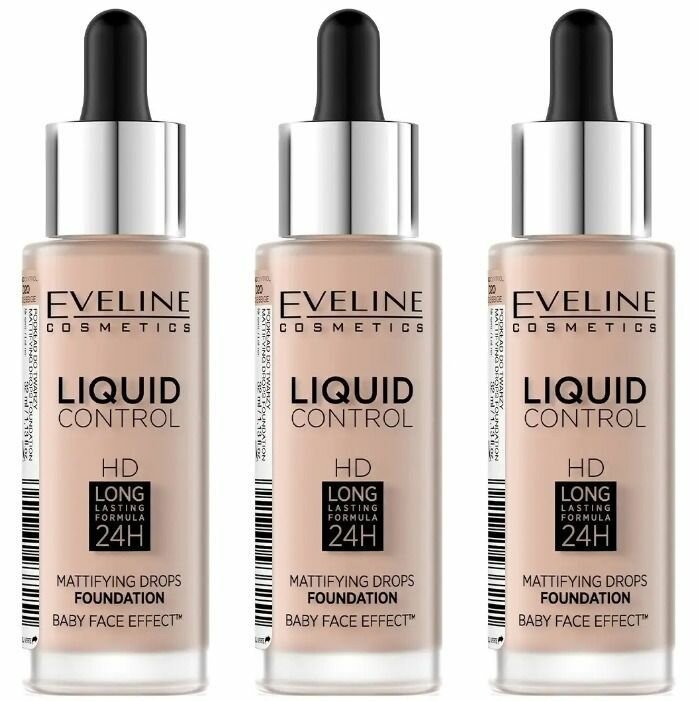 Eveline Cosmetics Инновационная жидкая тональная основа Liquid control, тон №020 Rose beige, 32 мл, 3 шт