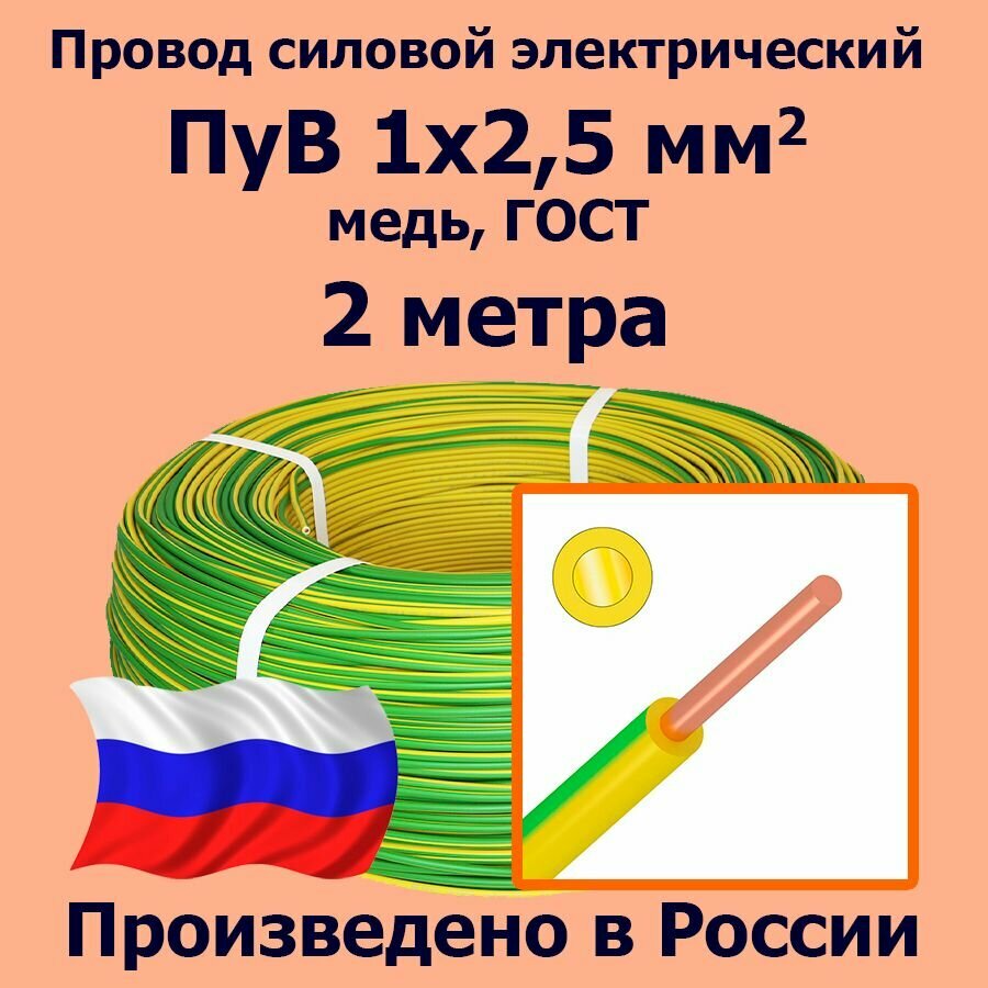 Провод силовой электрический ПуВ 1х2,5 мм2, желто-зеленый, медь, ГОСТ, 2 метра