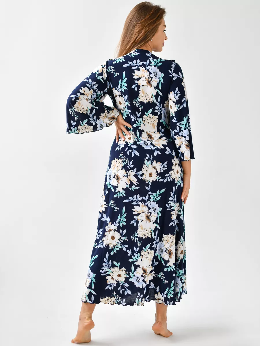 Женский длинный халат на запах, большого размера 60, бежевые цветы - фотография № 5