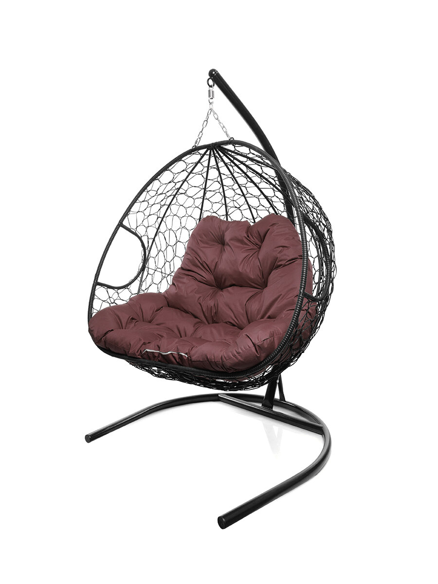 Подвесное кресло M-group для двоих с ротангом чёрное бордовая подушка