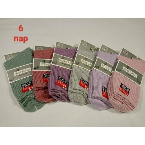 Носки Весна-Хороша, 6 пар, размер 37/41, серый, мультиколор, лиловый, зеленый, розовый