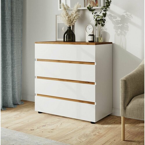 Комод 4 ящика Белый/вотан 80 см без ручек KM01