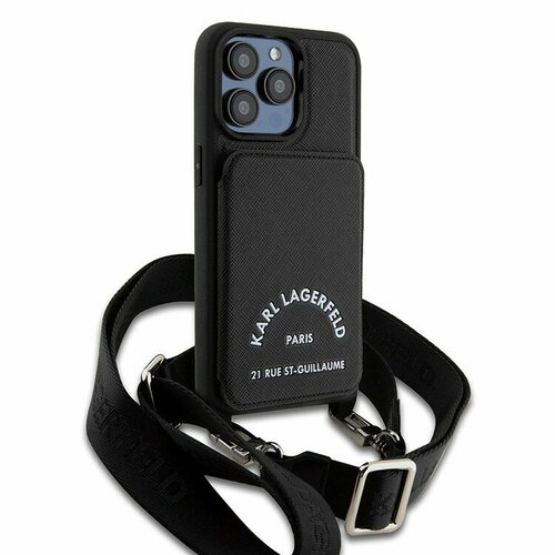 Karl Lagerfeld для iPhone 15 Pro чехол PU кожа Saffiano RSG с карманом для карт +ремешком Crossbody черный