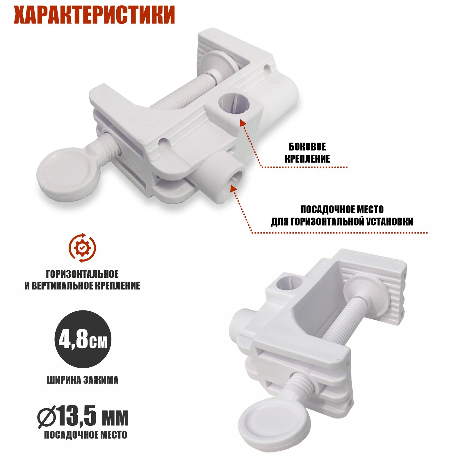 Изображение Струбцина пластиковая белая PSTR48-W с горизонтальным, вертикальным и боковым креплением, 3 шт