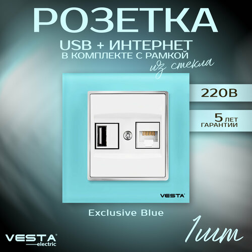 Розетка Vesta-Electric Exclusive Blue для USB + сетевого кабеля LAN розетка vesta electric exclusive blue для сетевого кабеля lan