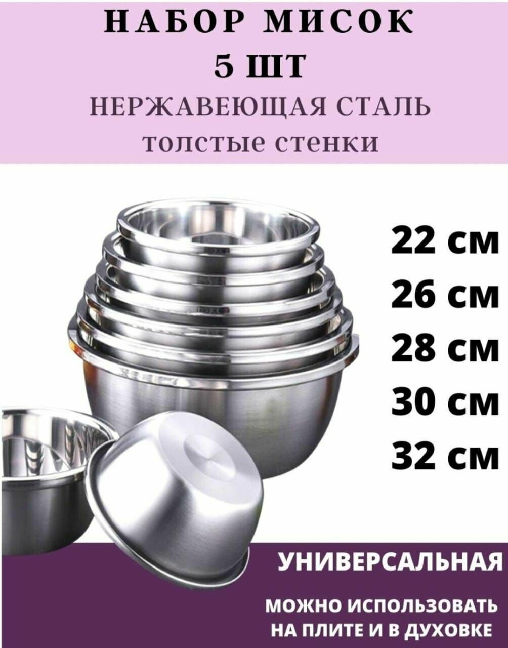 Набор стальных мисок для кухни толстые стенки, 5 шт