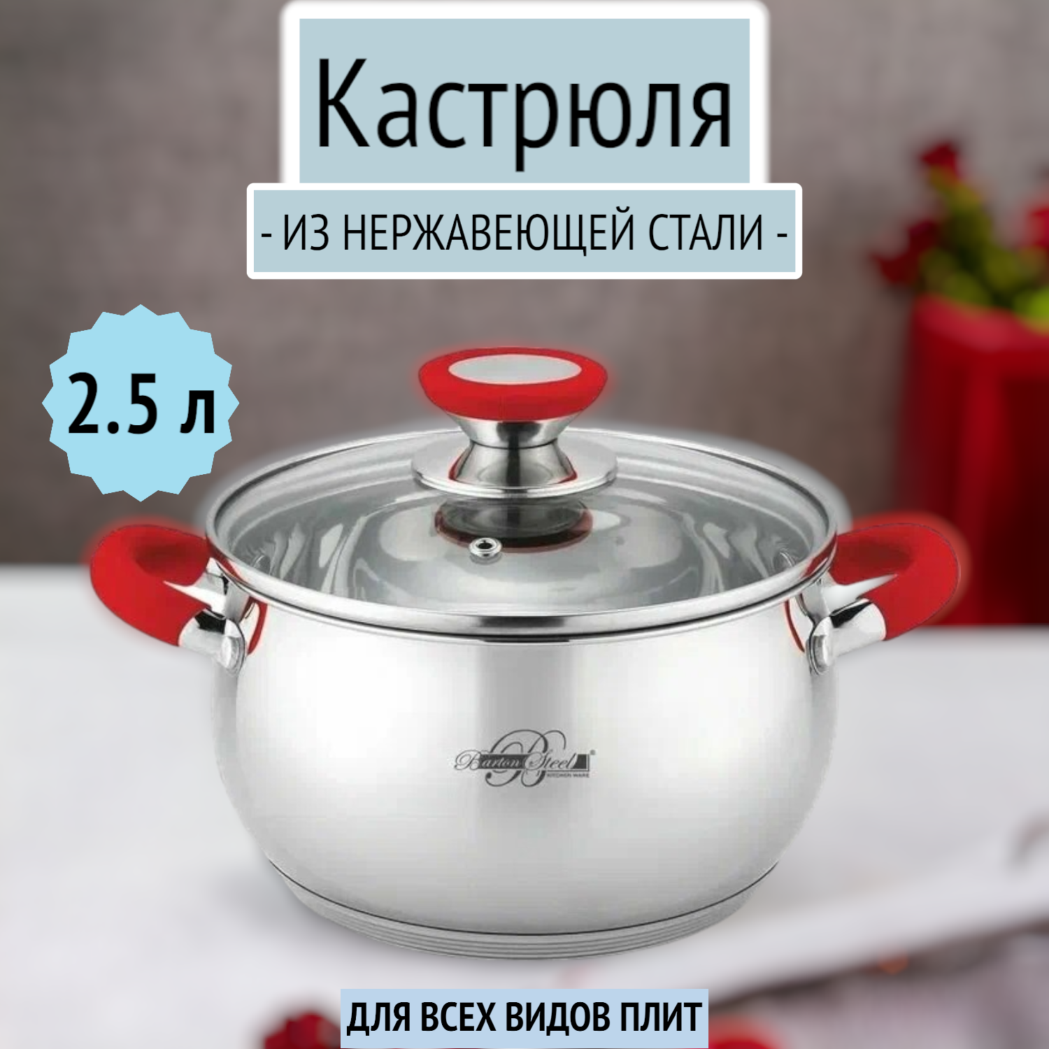 Кастрюля 2.5 л из нержавеющей стали для индукции Barton Steel BS 2315-18, красный