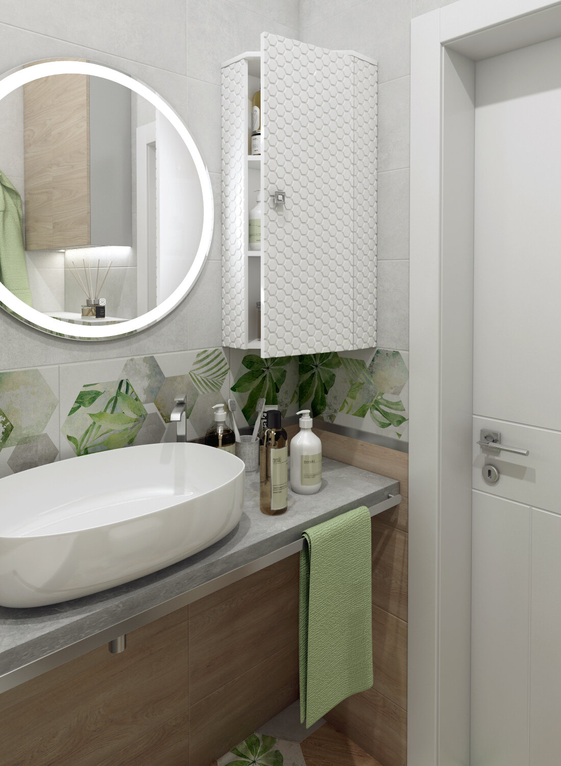 фото Шкаф для ванной комнаты, Гестия, Пенал Соната 1 дверь, подвесной, угловой, цвет белый, правый