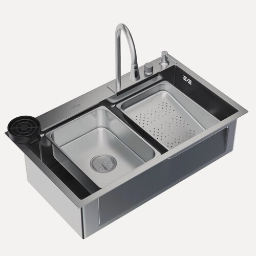 Изображение товара Мойка настол. монтаж 75х46 (3,0) вып 3 1/2 MIXLINE PRO 21,5см с сиф.(сатин)+доз+смесит+кол+д/р+о/с