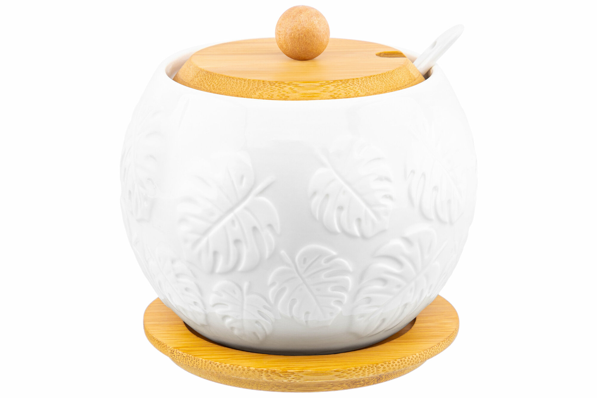 фото Сахарница 620 мл Elan Gallery "Тропики" 12*12*12 см + ложка + дер. крышка на дерев. подставке