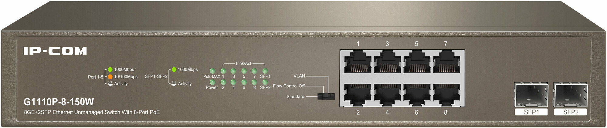 Коммутатор 8PORT 1000M POE G1110P-8-150W IP-COM Tenda - фото №5