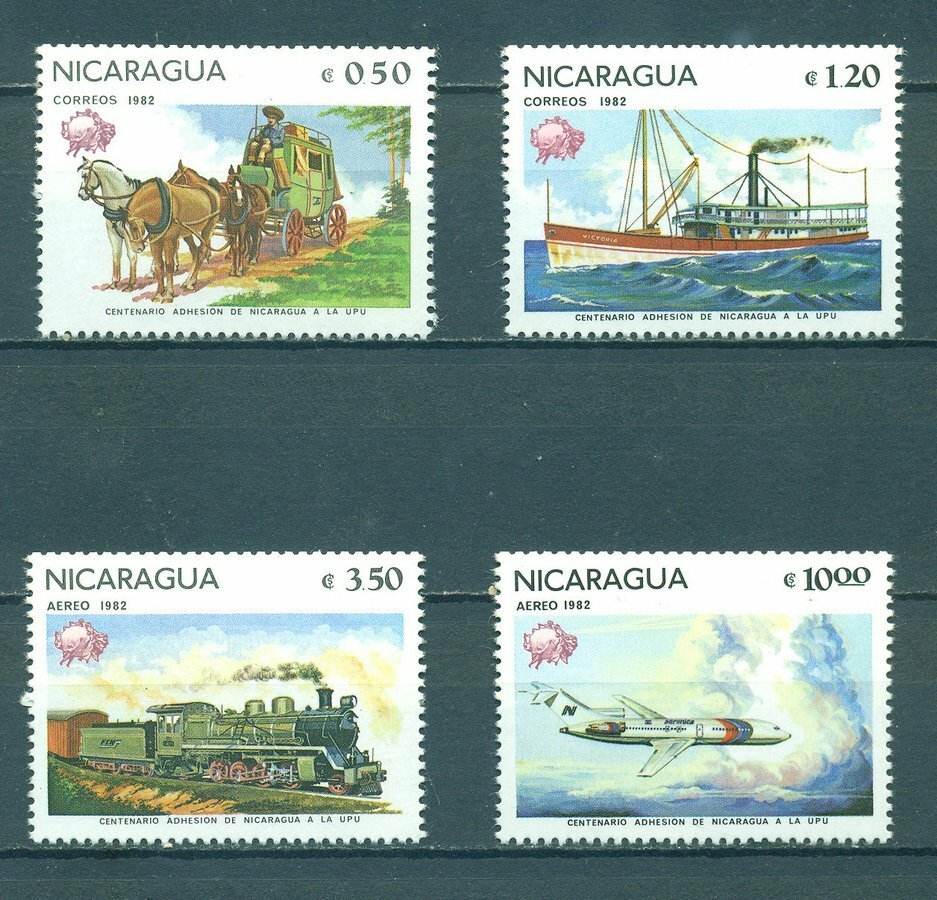 Почтовые марки Никарагуа 1982г. "100-летие членства в UPU" Корабли, Самолеты, Лошади, История почты MNH