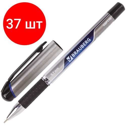 Комплект 37 шт, Ручка шариковая масляная с грипом BRAUBERG Signature, синяя, печать, узел 0.7 мм, линия письма 0.35 мм, 142688