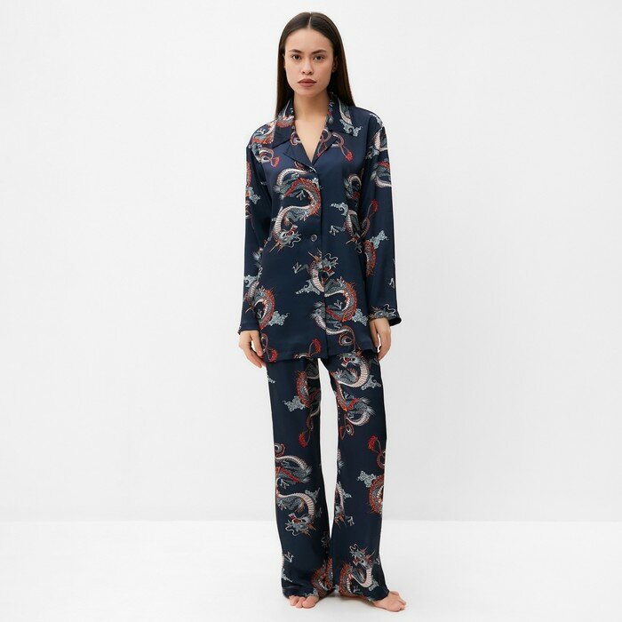 Пижама женская (рубашка и брюки) KAFTAN "Дракон", размер 48-50, синий - фотография № 1
