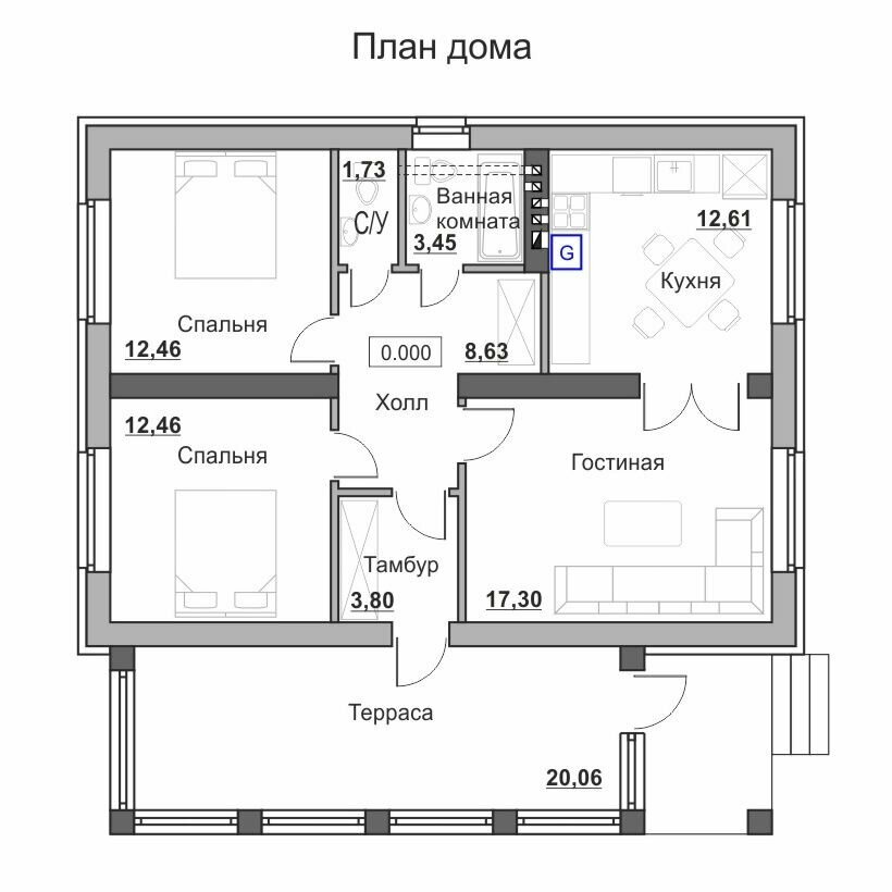 Проект одноэтажного дома с остекленной верандой - фотография № 2