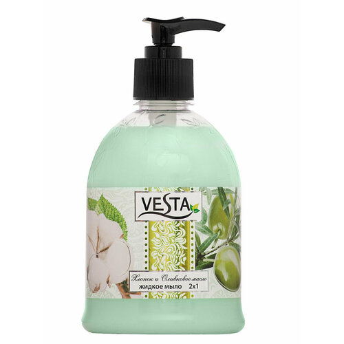 Жидкое мыло Vesta 2 в 1 для бани, душа, кухни с дозатором, Хлопок и оливковое масло,500 мл, в комплекте 2шт