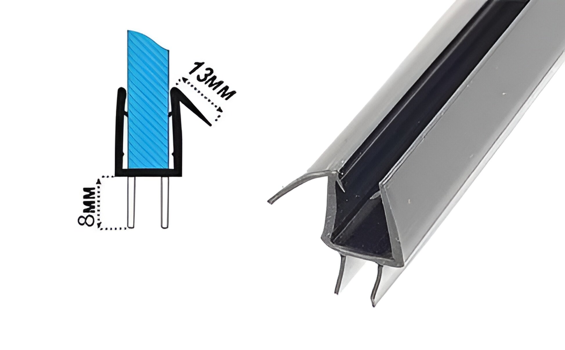 Уплотнитель нижний C13-black для толщины стекла (6-8мм) в душевой кабине. Длина 1 метр.