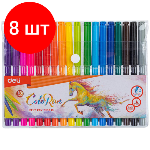 Комплект 8 наб, Фломастеры набор Deli ColoRun вентилир. 18цв. пакет с европодвес, EC10013