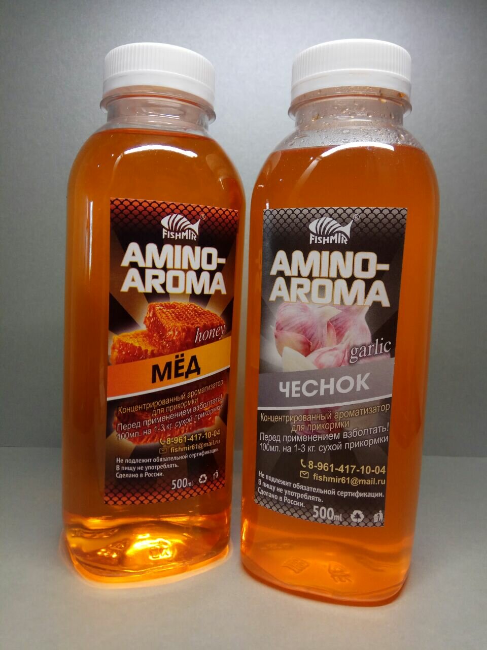 "МЁД" и "чеснок" набор ароматизаторов для прикормки, 2 флакона по 500 мл, AMINO AROMA от FISHMIR