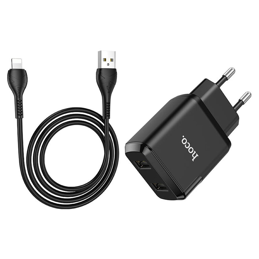 Сетевое зарядное устройство HOCO N7 Speedy 2xUSB с Кабелем USB - Lightning, 2.1A, 10W, черный