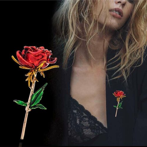 фото Брошь брошь "роза красная с шипами " для женщин, украшение на пиджак и кардиган, на одежду, роза красная с шипами, эмаль, зеленый, красный yulianna
