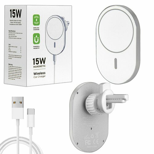 держатель автомобильный с беспроводной зарядкой ipower pro 15w magsafe для iphone samsung huawei xiaomi ts store Беспроводная зарядка 15 Вт в форме овала + магнитное автомобильное крепление белого цвета