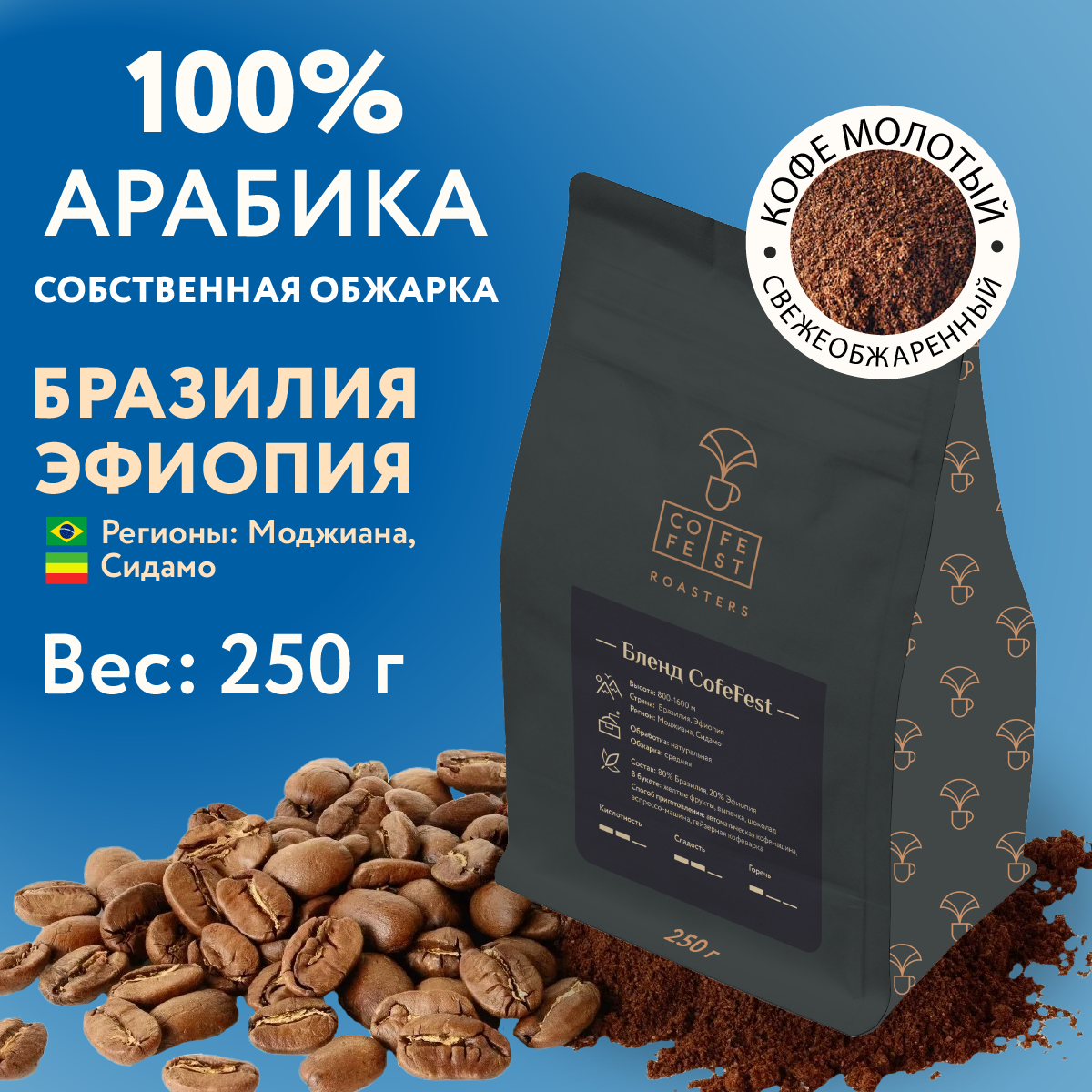 Кофе молотый CofeFest Roasters Бленд CofeFest 100% Арабика (80% Бразилия Моджиана 20% Эфиопия Сидамо) 250 г