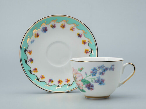 Изображение товара Чашка с блюдцем, 250 мл. Императорский фарфоровый завод . Форма "Весенняя" "Улыбка флоры ". Костяной фарфор.