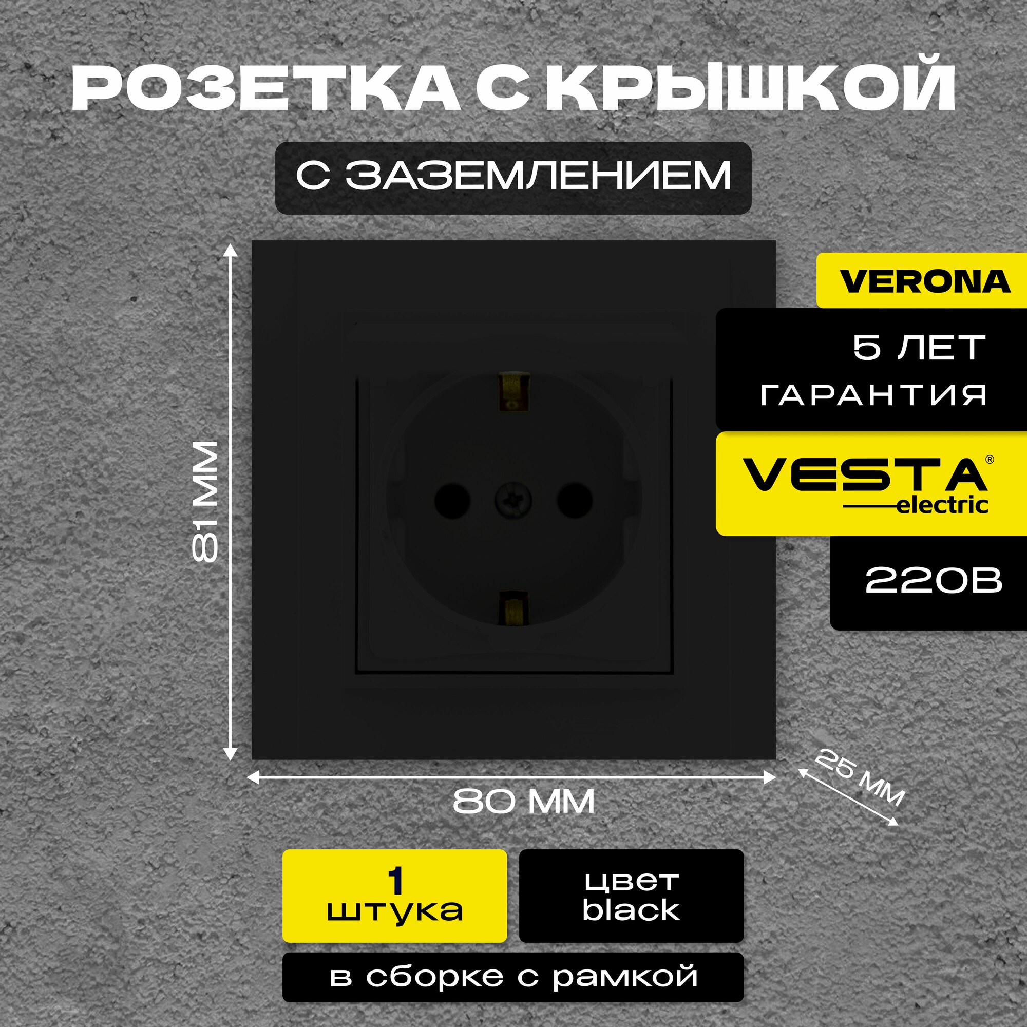 Розетка одинарная с заземлением с крышкой черная Vesta-Electric Verona Black